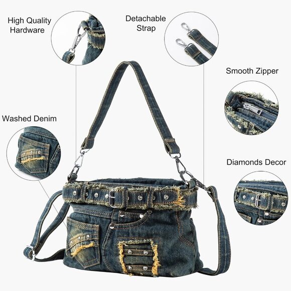 Denim Purse with Rhinestones Crossbody Shoulder Bag Bling Small Jean Purses for - Picture 5 of 7